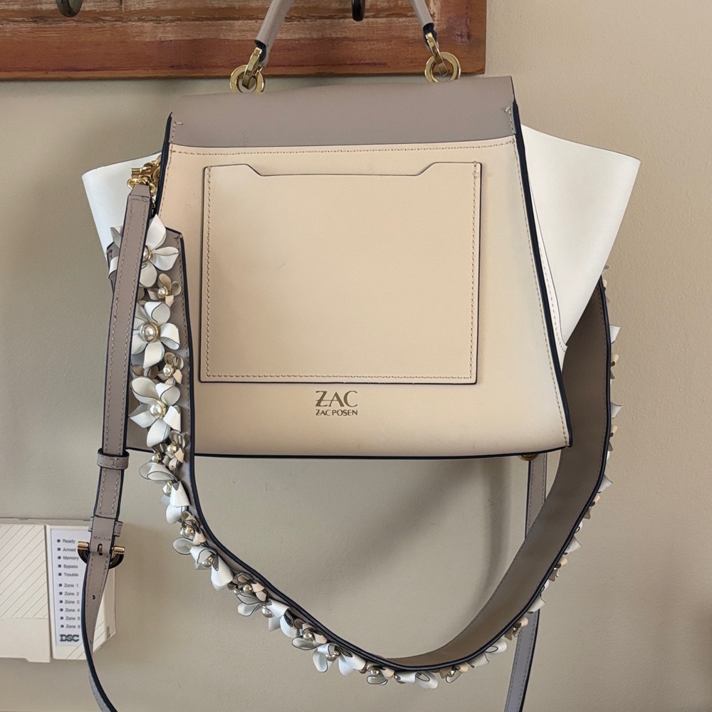 ZAC Zac Posen Eartha Cream, White & Taupe Floral-Trim Tote